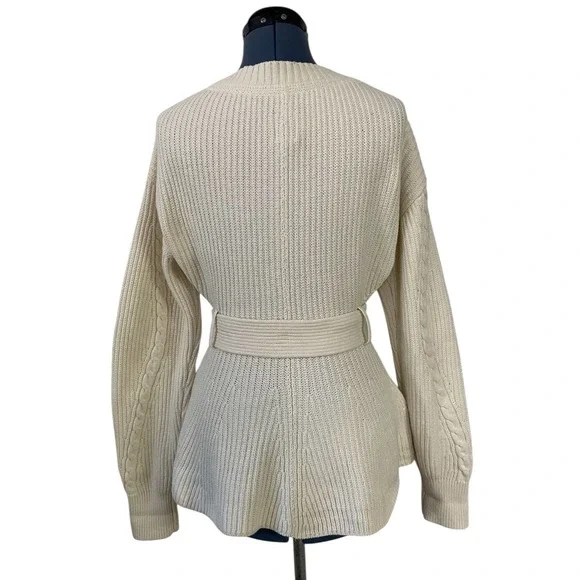 Anthropologie Maeve Cream Cableknit Peplum Belted Cardigan Cozy Career Classic M - Picture 5 of 12